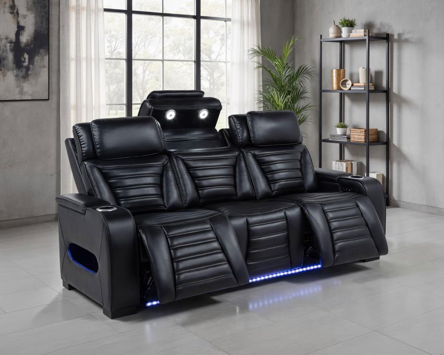 Zoey Faux Leather Dual Power Reclining LED Sofa Black