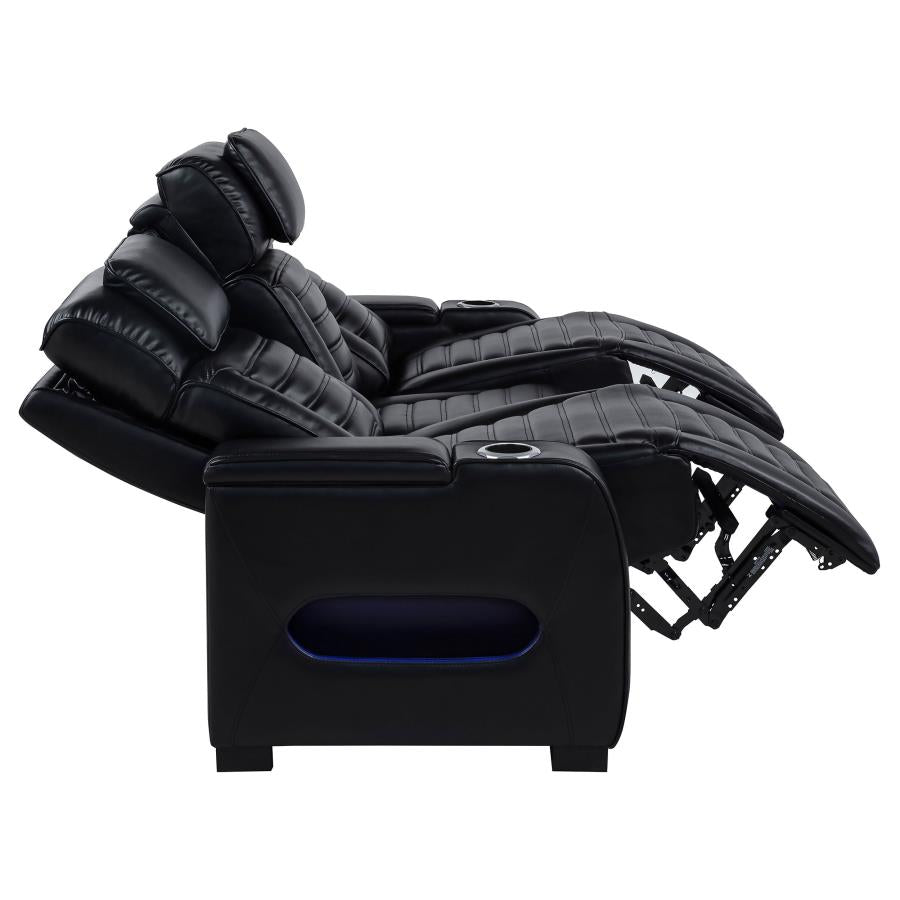 Zoey Faux Leather Dual Power Reclining LED Sofa Black