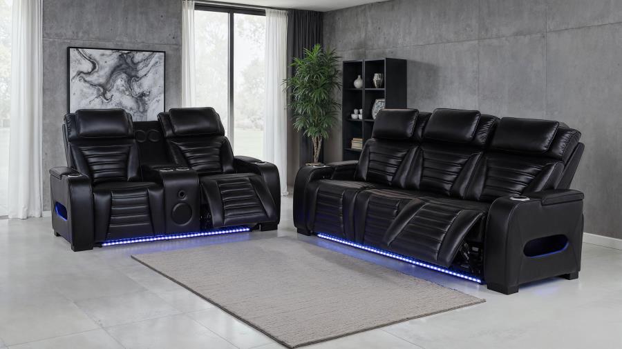 Zoey Faux Leather Dual Power Reclining LED Sofa Black
