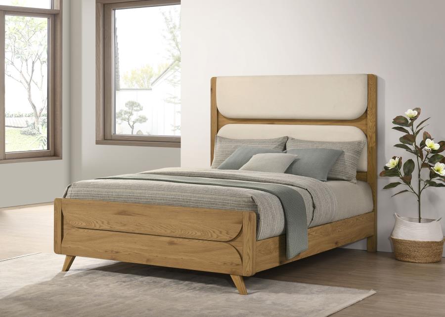 Cardi Upholstered Panel Bed Cream and Light Oak