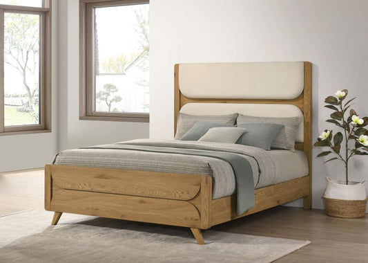 Cardi Upholstered Panel Bed Cream and Light Oak