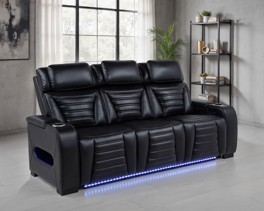 Zoey Faux Leather Dual Power Reclining LED Sofa Black